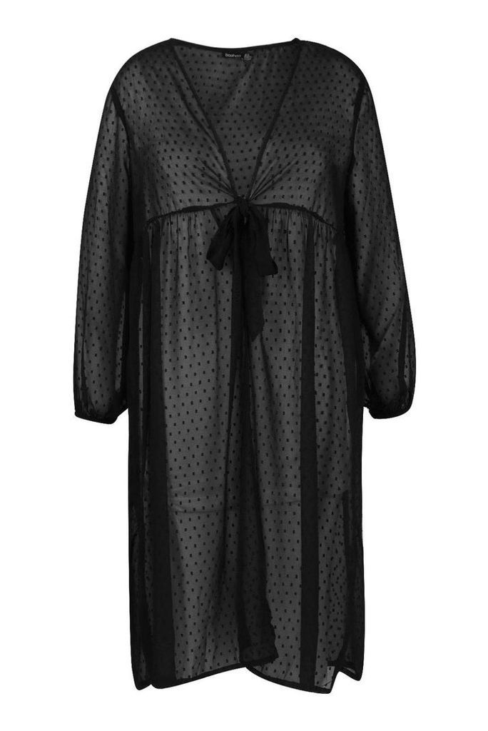 Womens Plus Dobby Mesh Tie Front Kimono - black - 20, Black