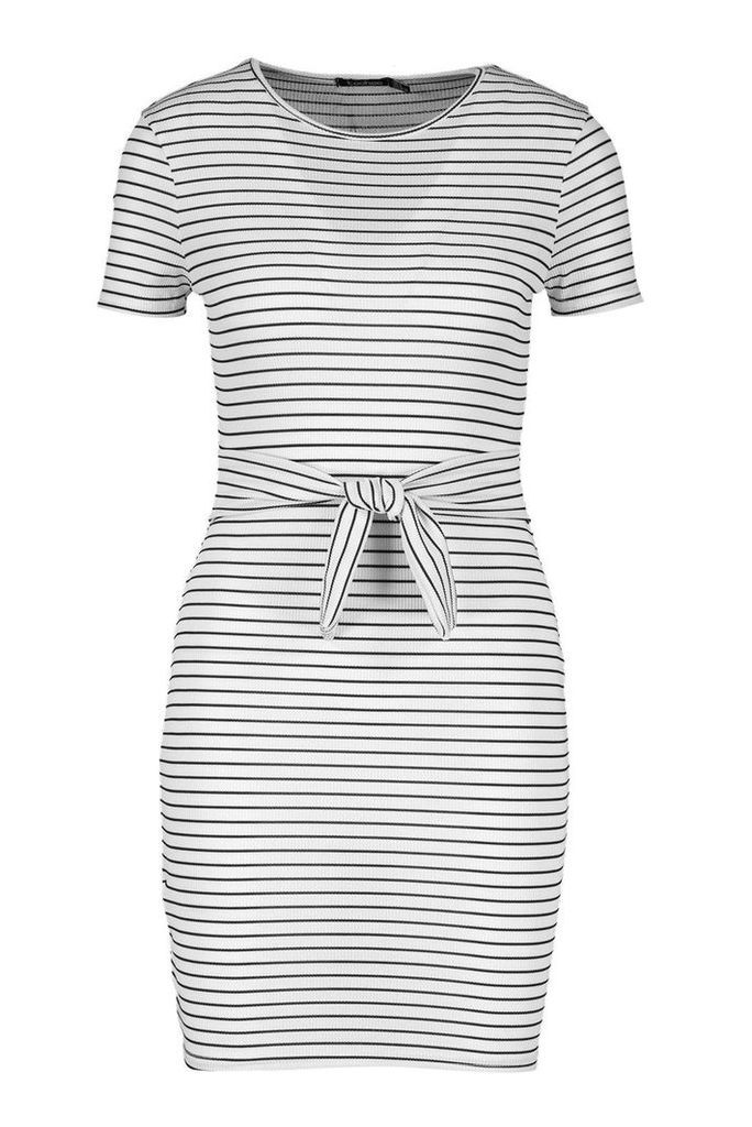 Womens Petite Striped Knot Front T-Shirt Dress - white - 4, White
