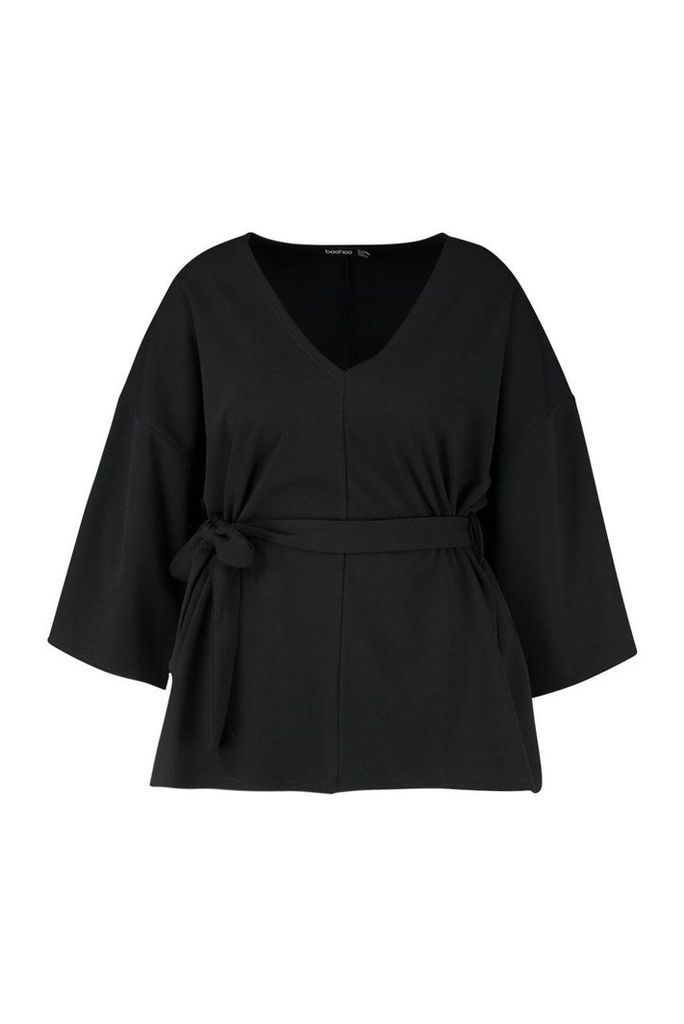 Womens Plus Woven Kimono Sleeve Tie Top - Black - 24, Black