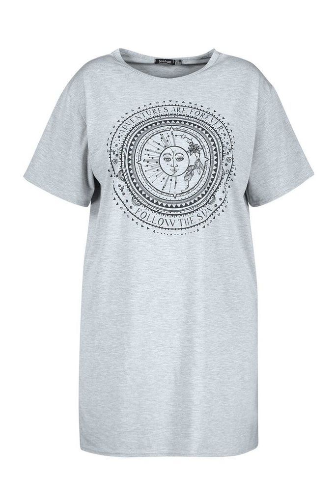 Womens Plus Sun Print Short Sleeve T-Shirt Dress - grey - 24, Grey