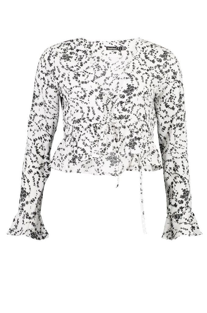 Womens Petite Ruffle Detail Lace Up Floral Top - White - 10, White