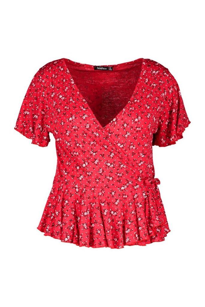 Womens Plus Ditsy Floral Rib Peplum Wrap Top - red - 20, Red