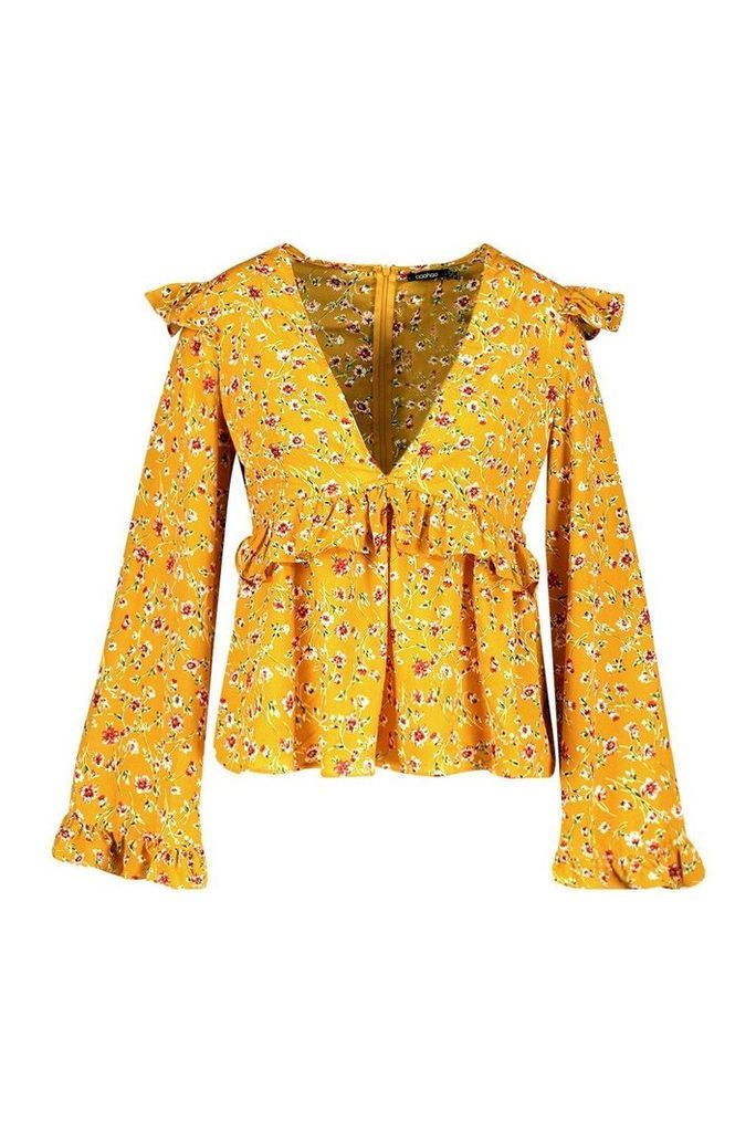 Womens Plus Floral Print Frill Smock Top - yellow - 20, Yellow