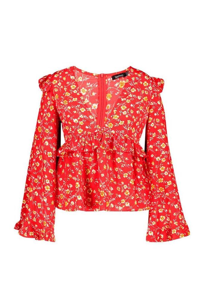 Womens Plus Floral Print Frill Smock Top - red - 22, Red