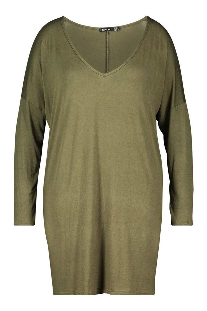 Womens Plus Oversized V Neck Basic T-Shirt Dress - green - 22, Green