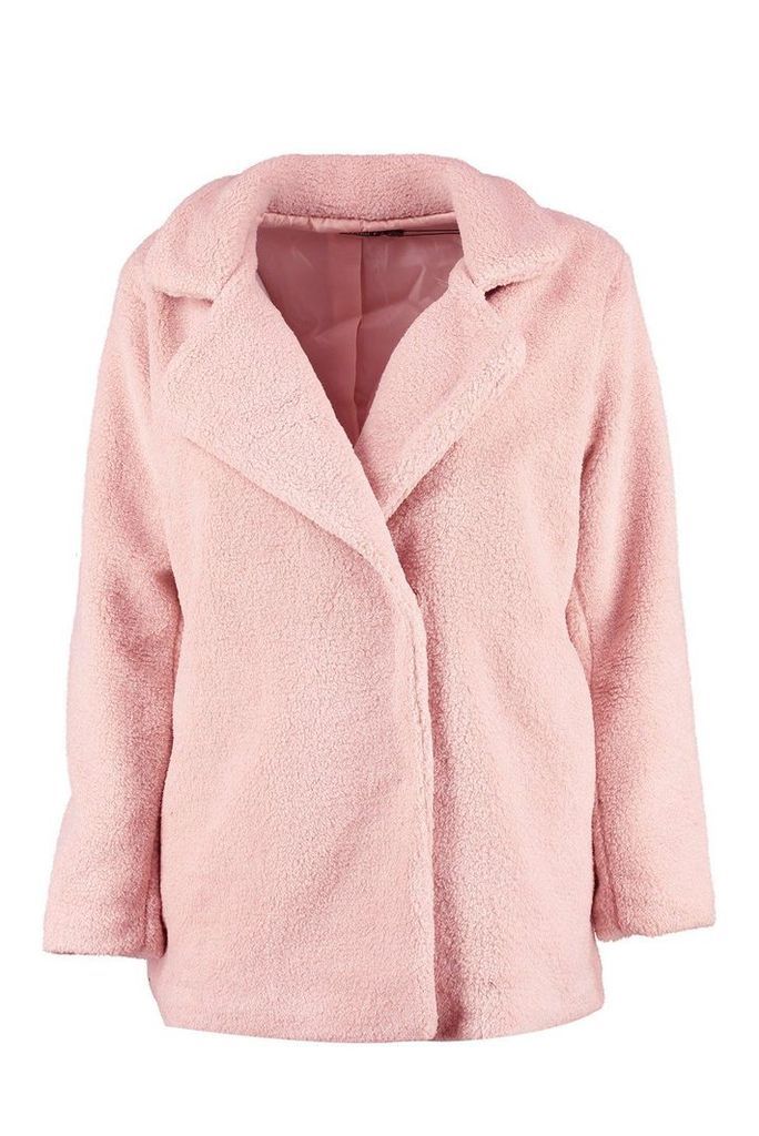 Womens Petite Double Breasted Teddy Coat - Pink - 6, Pink