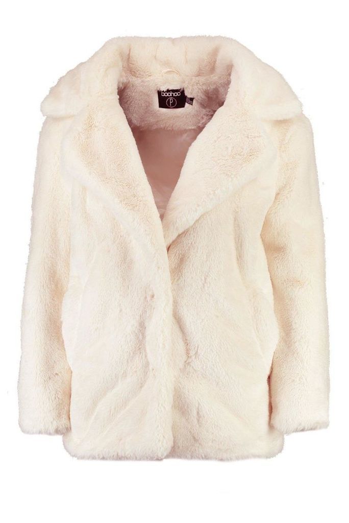 Womens Petite Oversized Collar Luxe Faux Fur Coat - White - 14, White