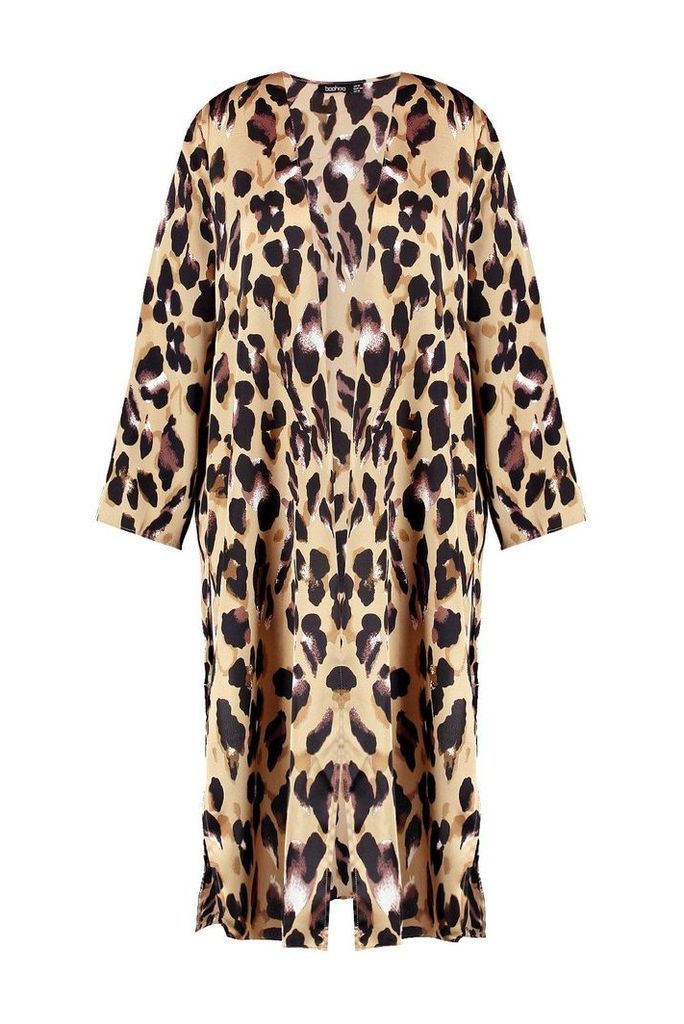 Womens Plus Lissy Leopard Print Satin Kimono - brown - 20, Brown