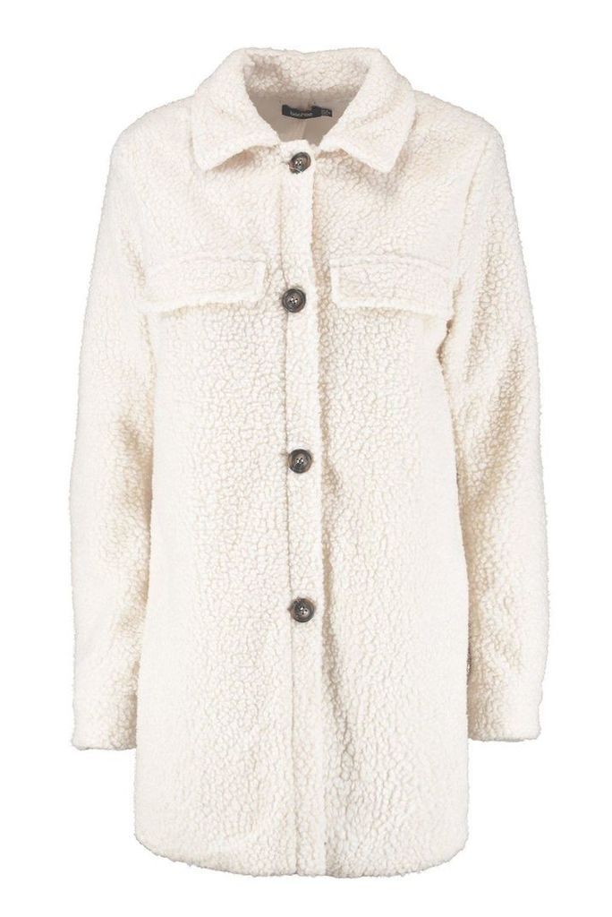 Womens Teddy Faux Fur Button Up Coat - white - 14, White