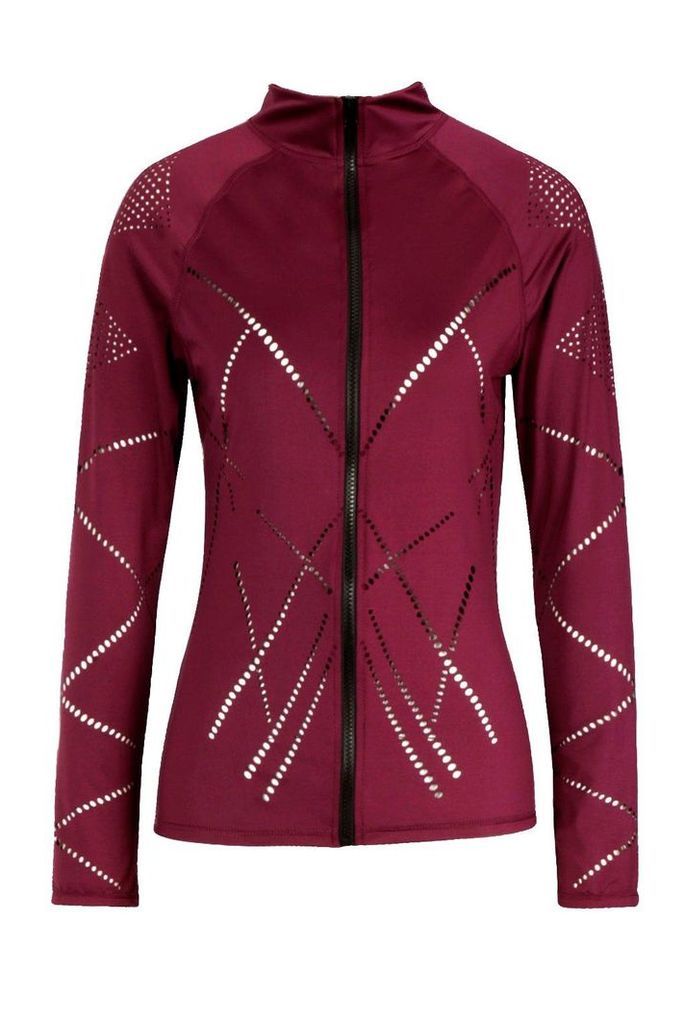 Womens Fit Laser Cut Zip Up Gym Jacket - red - 10, Red