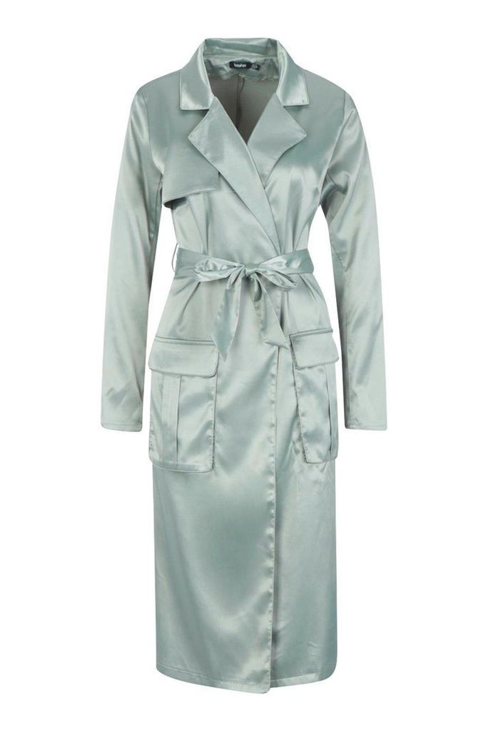 Womens Satin Utility Belted Trench Coat - green - 12, Green
