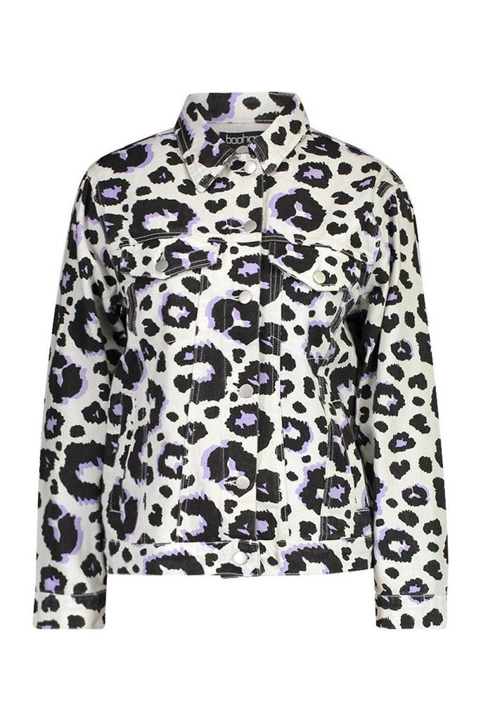 Womens Leopard Print Trucker Denim Jacket - cream - 10, Cream