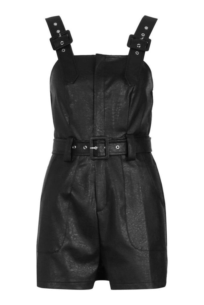 Womens Pu Leather Look Belted Pinafore Playsuit - Black - 8, Black