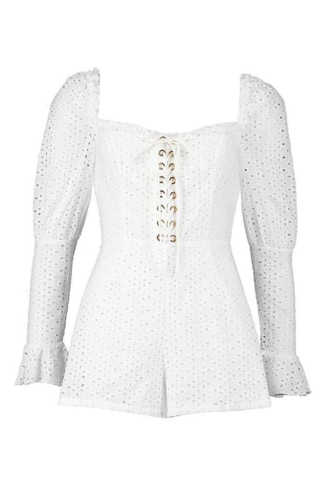 Womens Broderie Eyelet Lace Up Playsuit - White - 10, White