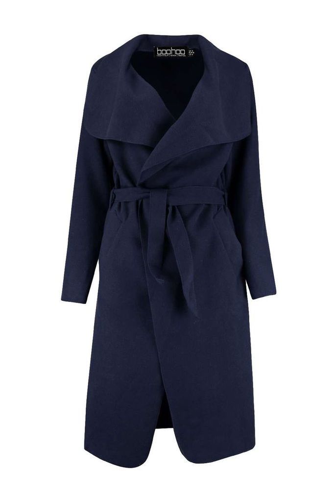 Womens Belted Shawl Collar Coat - Navy - One Size, Navy