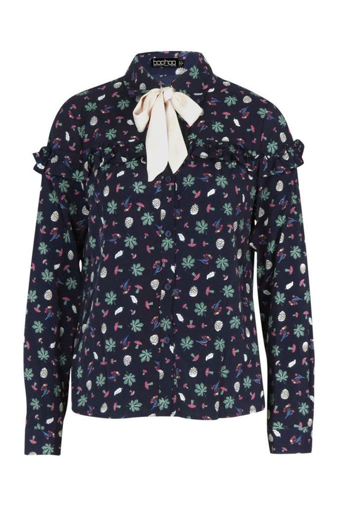 Womens Floral Tie Collar Blouse - navy - S, Navy