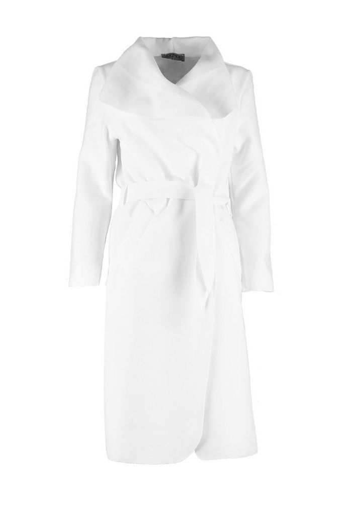 Womens Belted Shawl Collar Coat - White - One Size, White