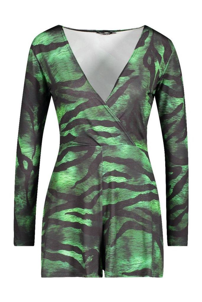 Womens Slinky Tiger Print Wrap Playsuit - green - 6, Green