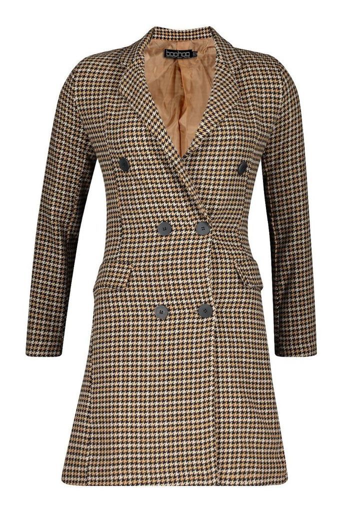 Womens Dogtooth Double Breasted Tailored Coat - brown - 10, Brown