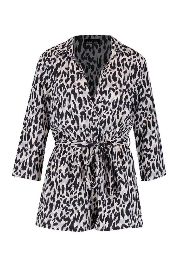 Womens Leopard Tie Waist Playsuit - Grey - 14, Grey