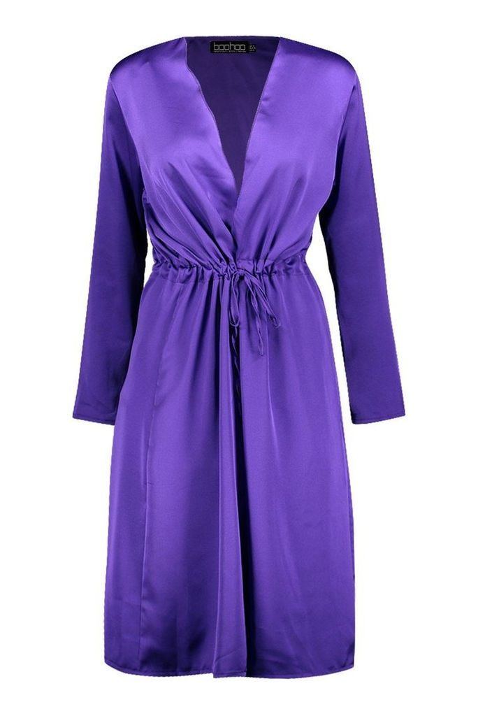 Womens Satin Tie Waist Kimono - purple - S, Purple