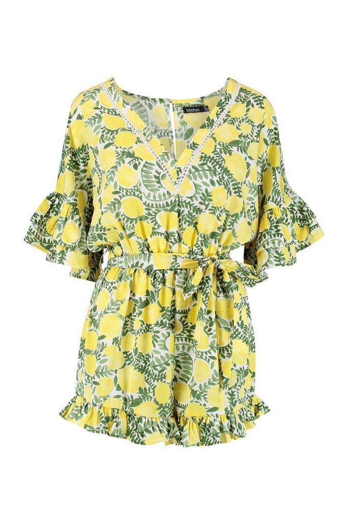Womens Ruffle Detail Floral Tie Waist Playsuit - yellow - 16, Yellow