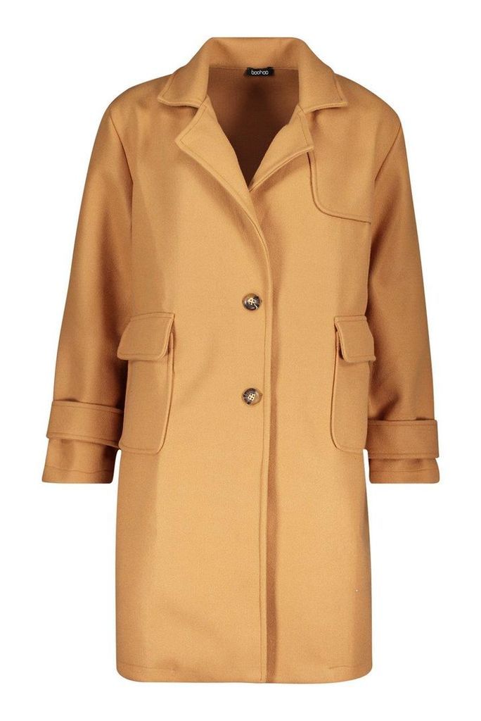 Womens Pocket Detail Utility Wool Look Coat - beige - 10, Beige