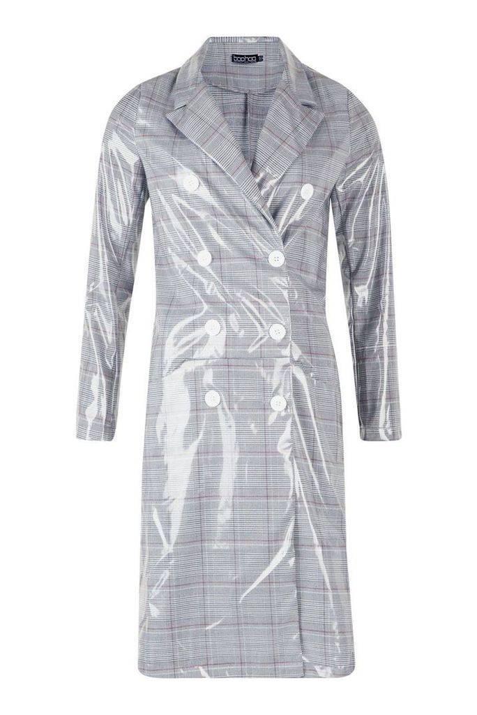 Womens Patent Check Trench Coat - grey - M, Grey