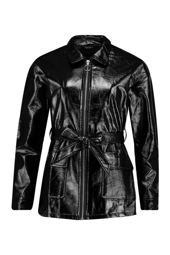 Womens Patent Belted Faux Leather Jacket - black - 12, Black