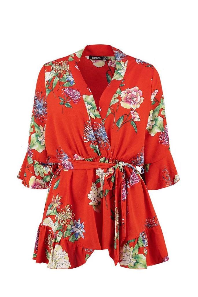 Womens Floral Kimono Style Playsuit - orange - 10, Orange