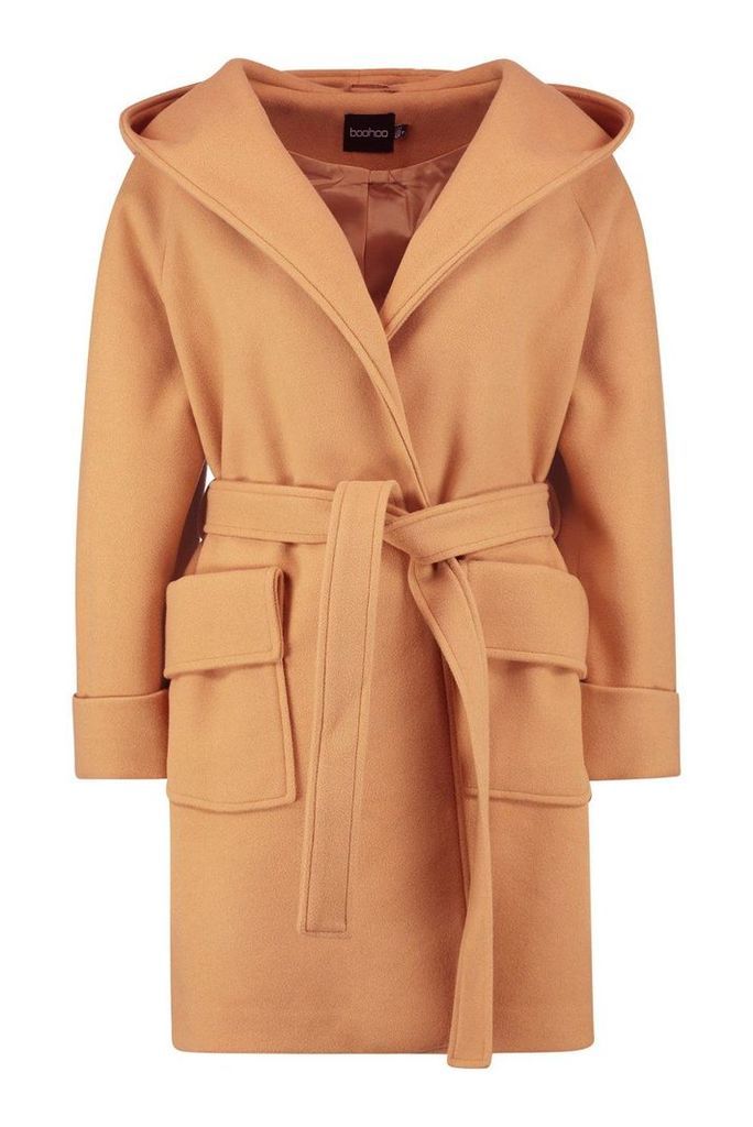 Womens Belted Hooded Coat - beige - 8, Beige