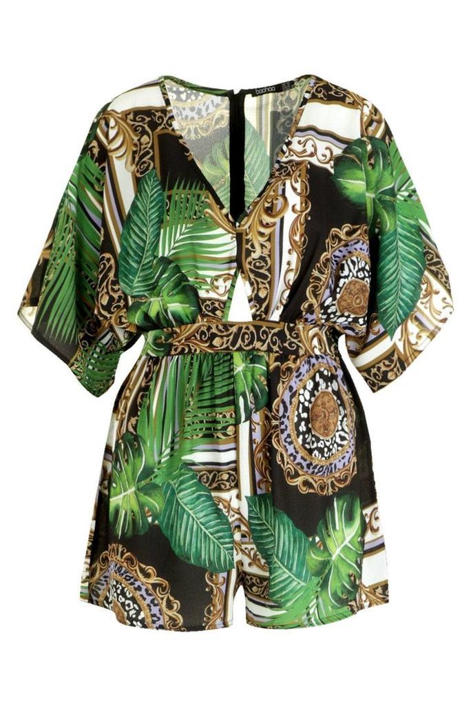 Womens Jungle Scarf Print Kimono Sleeve Playsuit - black - 8, Black
