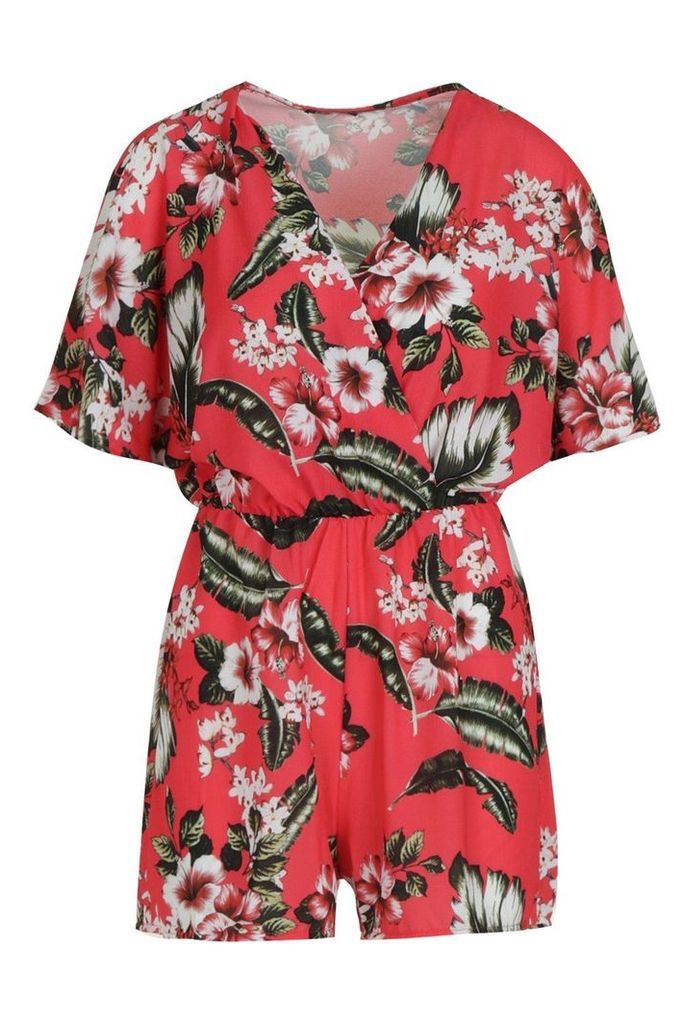 Womens Tropical Print Flute Sleeve Playsuit - Red - 10, Red