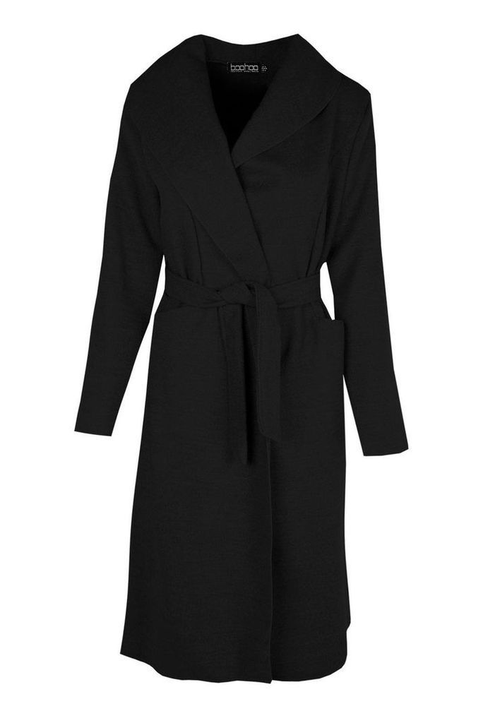 Womens Belted Wool Look Shawl Collar Coat - black - M/L, Black