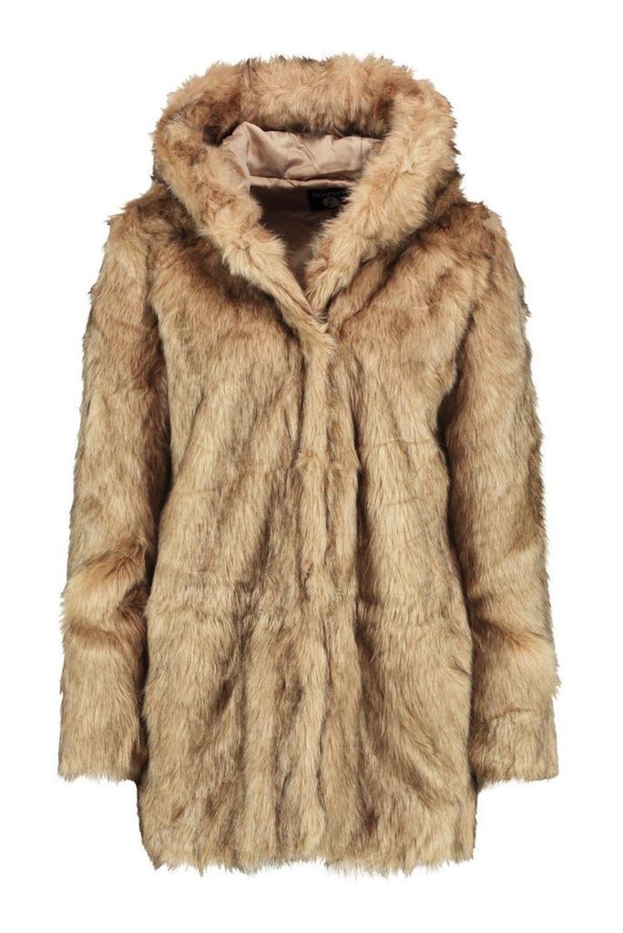 Womens Boutique Hooded Faux Fur Coat - beige - 8, Beige
