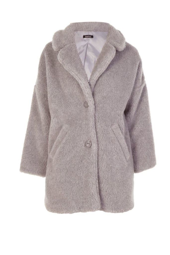 Womens Faux Fur Teddy Coat - Grey - S, Grey