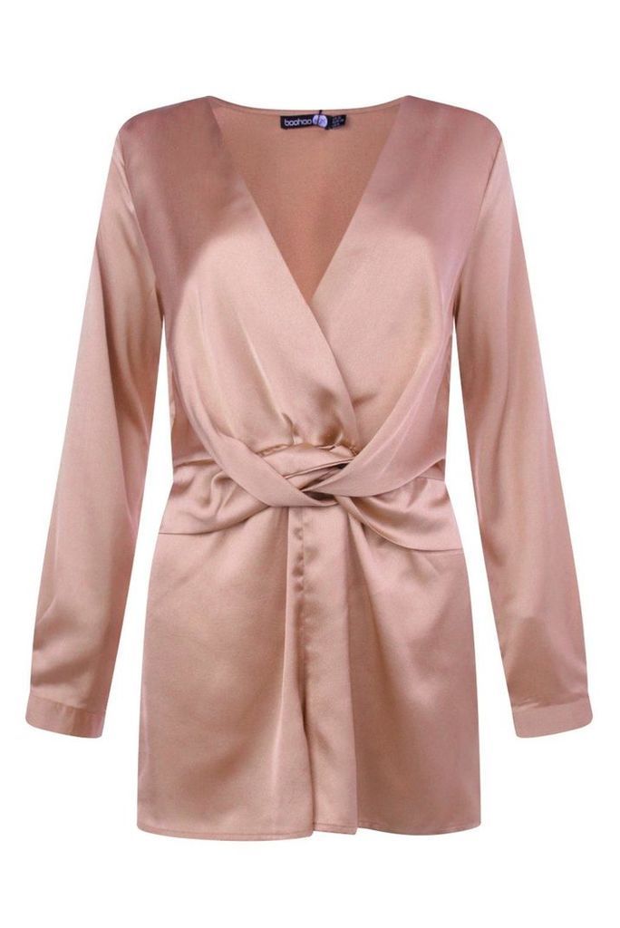 Womens Twist Front Satin Playsuit - Pink - 14, Pink