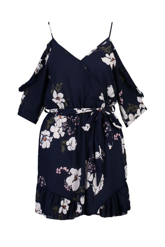 Womens Floral Cold Shoulder Ruffle Playsuit - navy - S, Navy