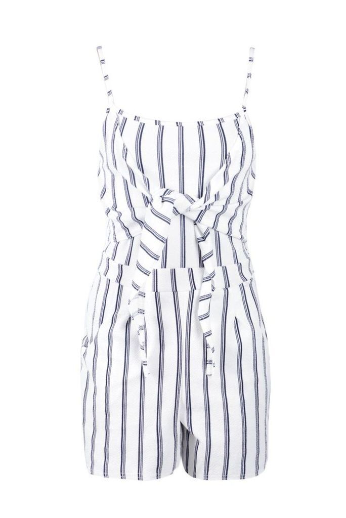 Womens Tie Front Striped Playsuit - white - 10, White