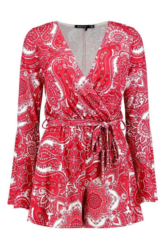 Womens Wrap Paisley Playsuit - Red - 16, Red