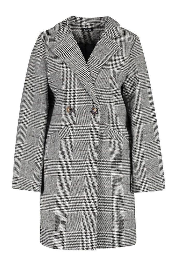 Womens Double Breasted Checked Wool Look Coat - grey - 10, Grey