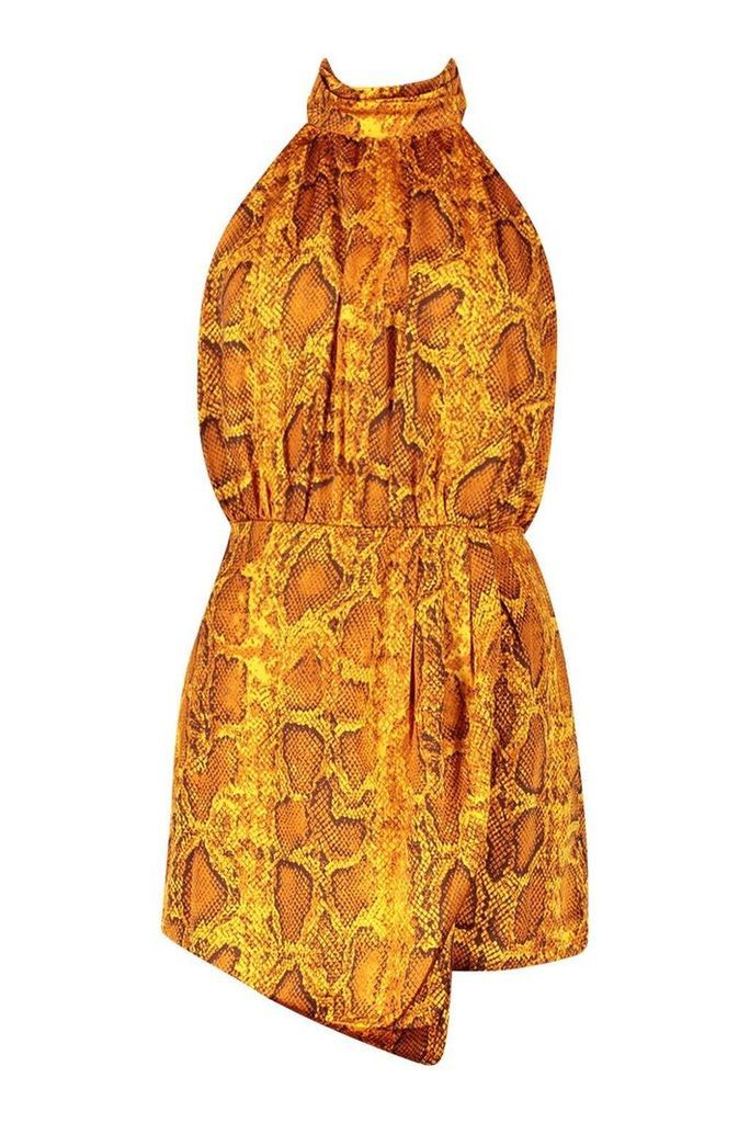 Womens Snake Print Satin roll/polo neck Playsuit - yellow - 10, Yellow