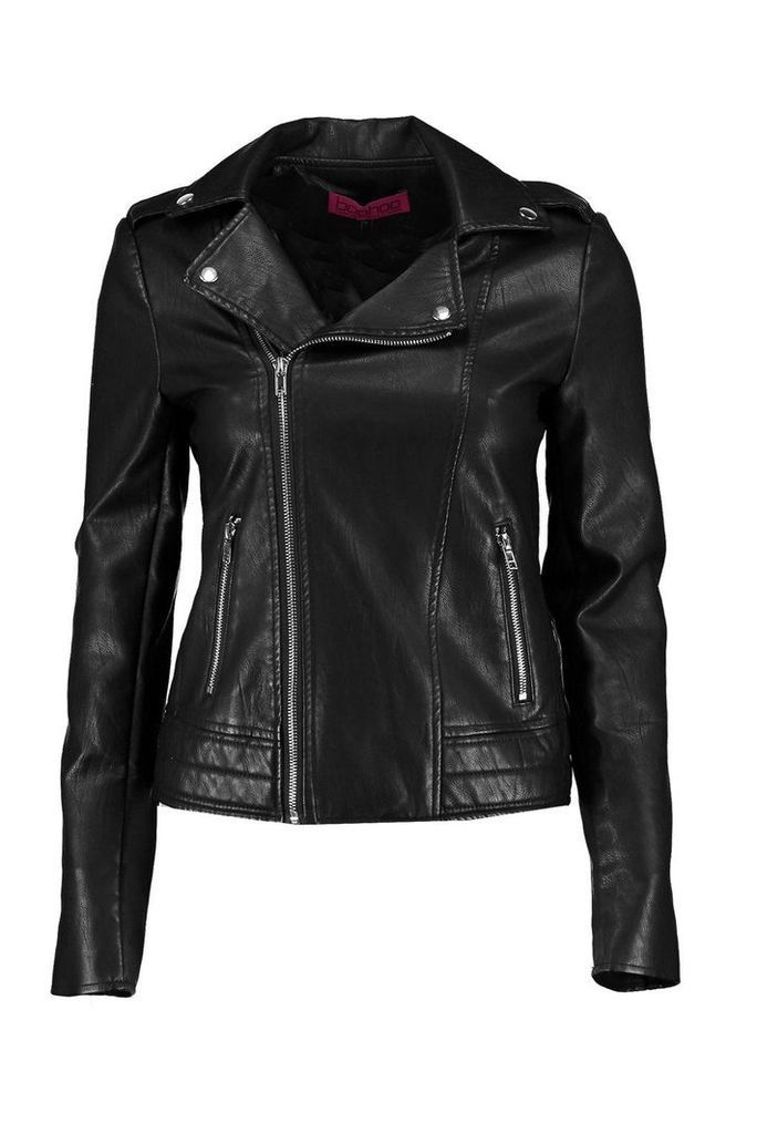 Womens Faux Leather Biker Jacket - black - S, Black