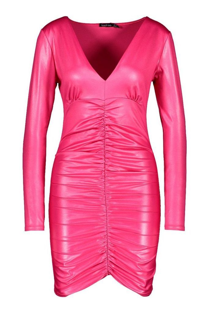 Womens PU Ruched Front Mini Dress - Pink - 6, Pink