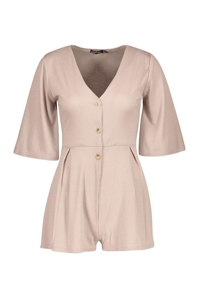 Womens Ribbed Button Down Playsuit - beige - 12, Beige