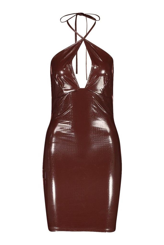 Womens Croc Vinyl Strappy Mini Dress - brown - 10, Brown