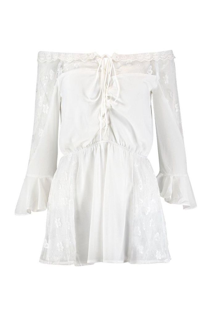 Womens Lace Up Peasant Sleeve Playsuit - white - S, White