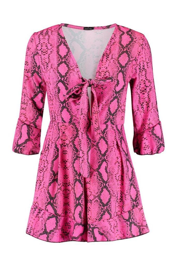 Womens Snake Print Knot Front Playsuit - Pink - 14, Pink