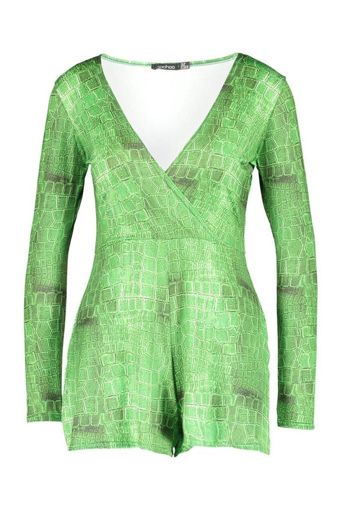 Womens Croc Print Slinky Wrap Playsuit - green - 12, Green