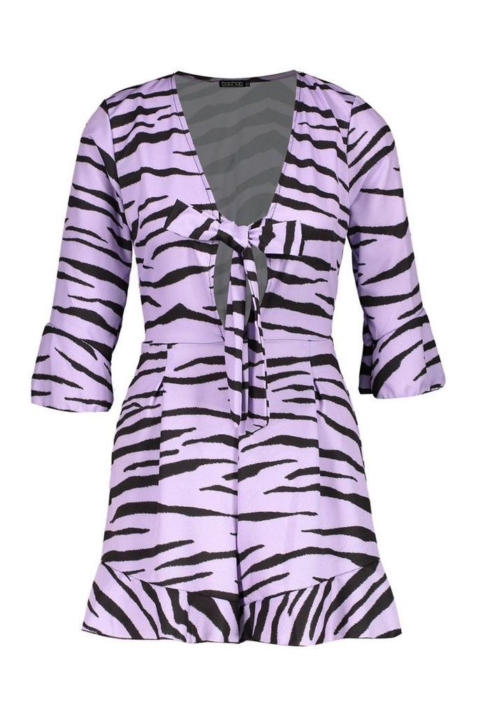 Womens Zebra Print Knot Front Playsuit - purple - 8, Purple